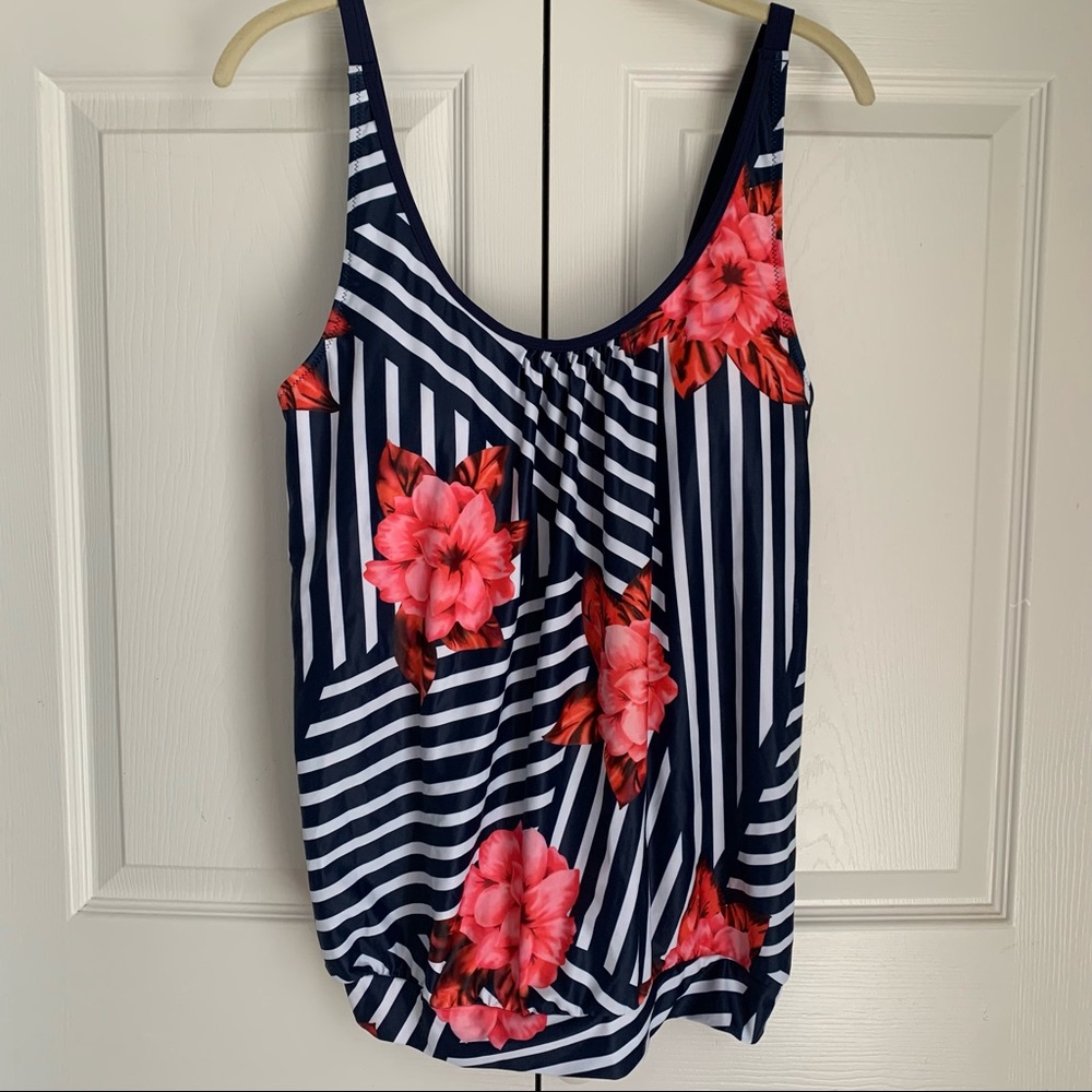 HOLIPICK NWT Navy & White Striped Floral Print Tankini Size Large